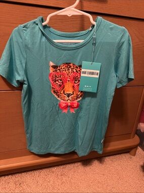 Posh Peanut Teal Short Sleeve Tee with Leopard Face and Heart Glasses